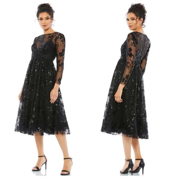 Mac Duggal Floral Embellished Illusion Cocktail Dress Black Size 6 NWT - Picture 1 of 13